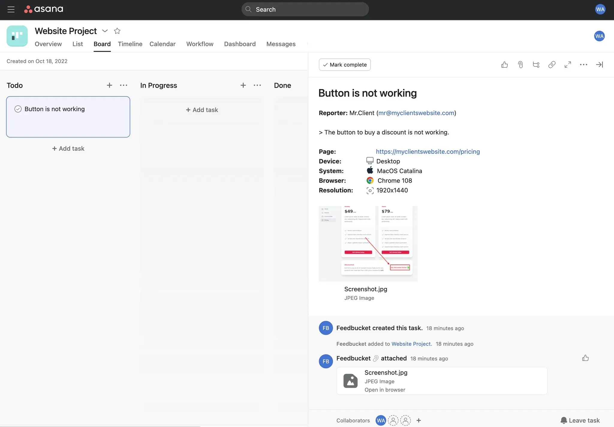 Feedbucket feedback created as a task in Asana