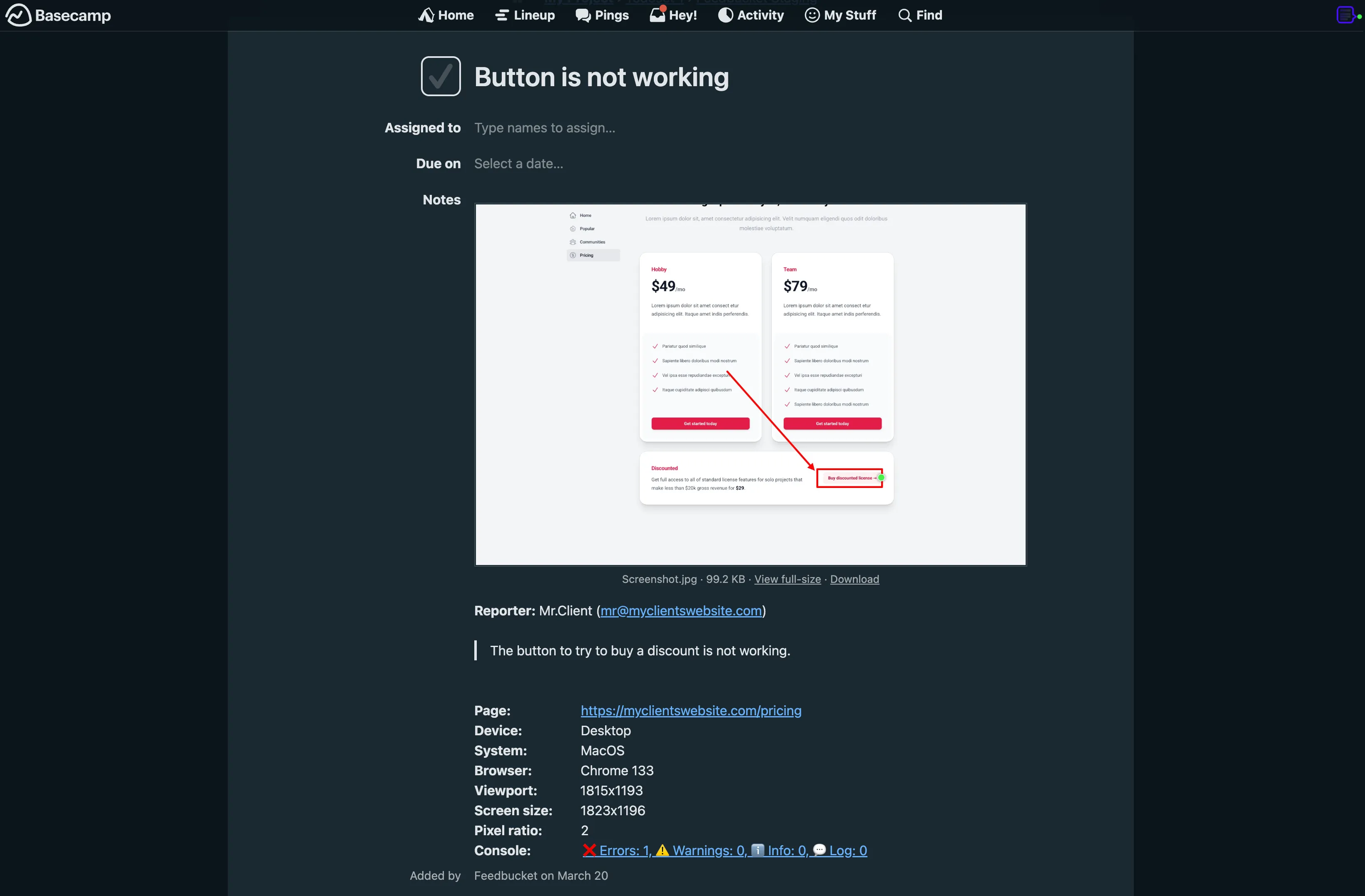 Feedbucket feedback created as a to-do in Basecamp