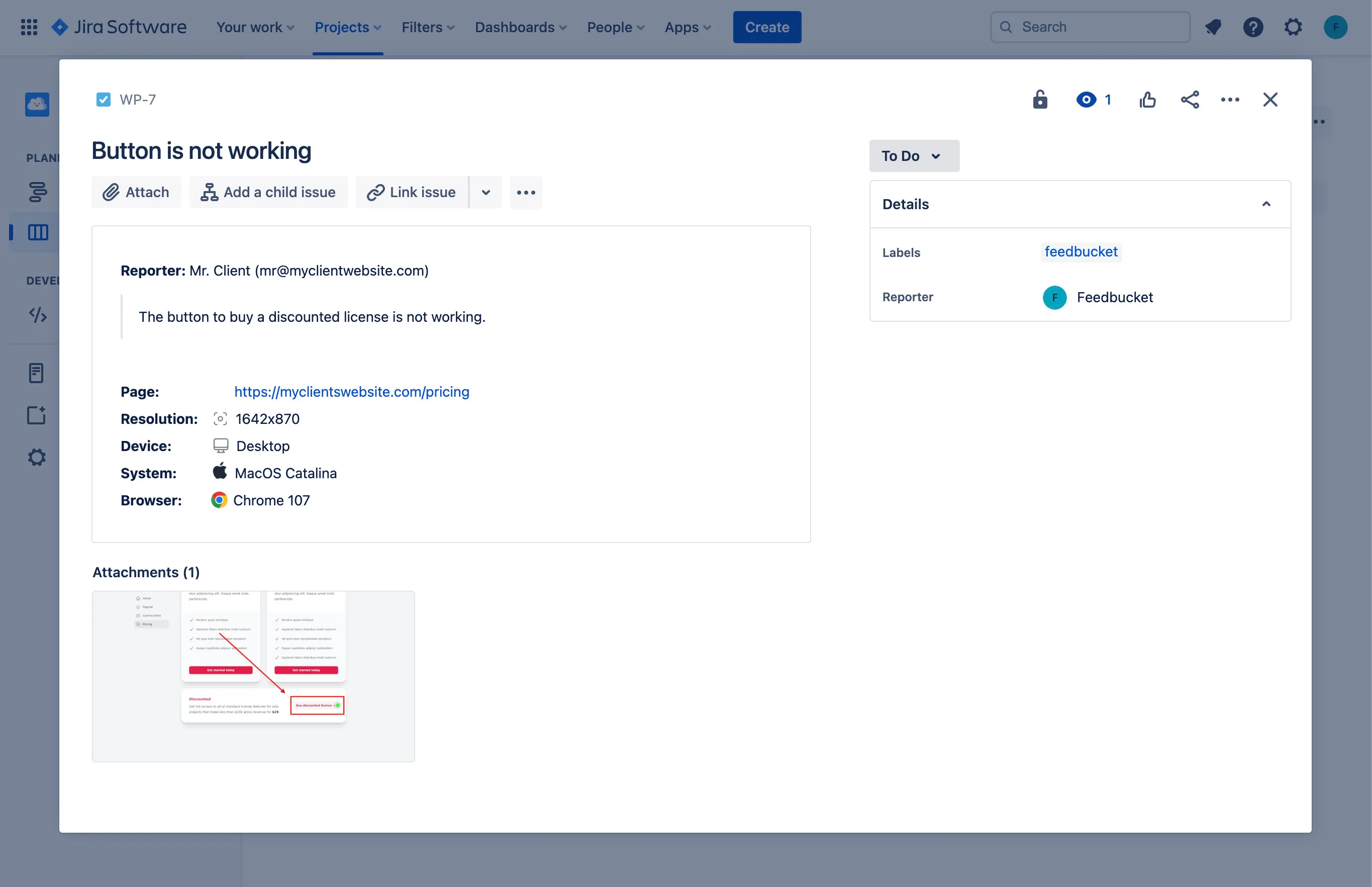Feedbucket feedback created as an issue in Jira