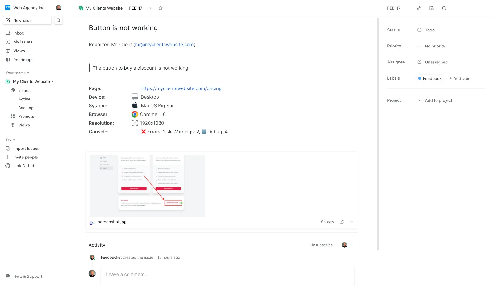 Feedbucket feedback created as an issue in Linear