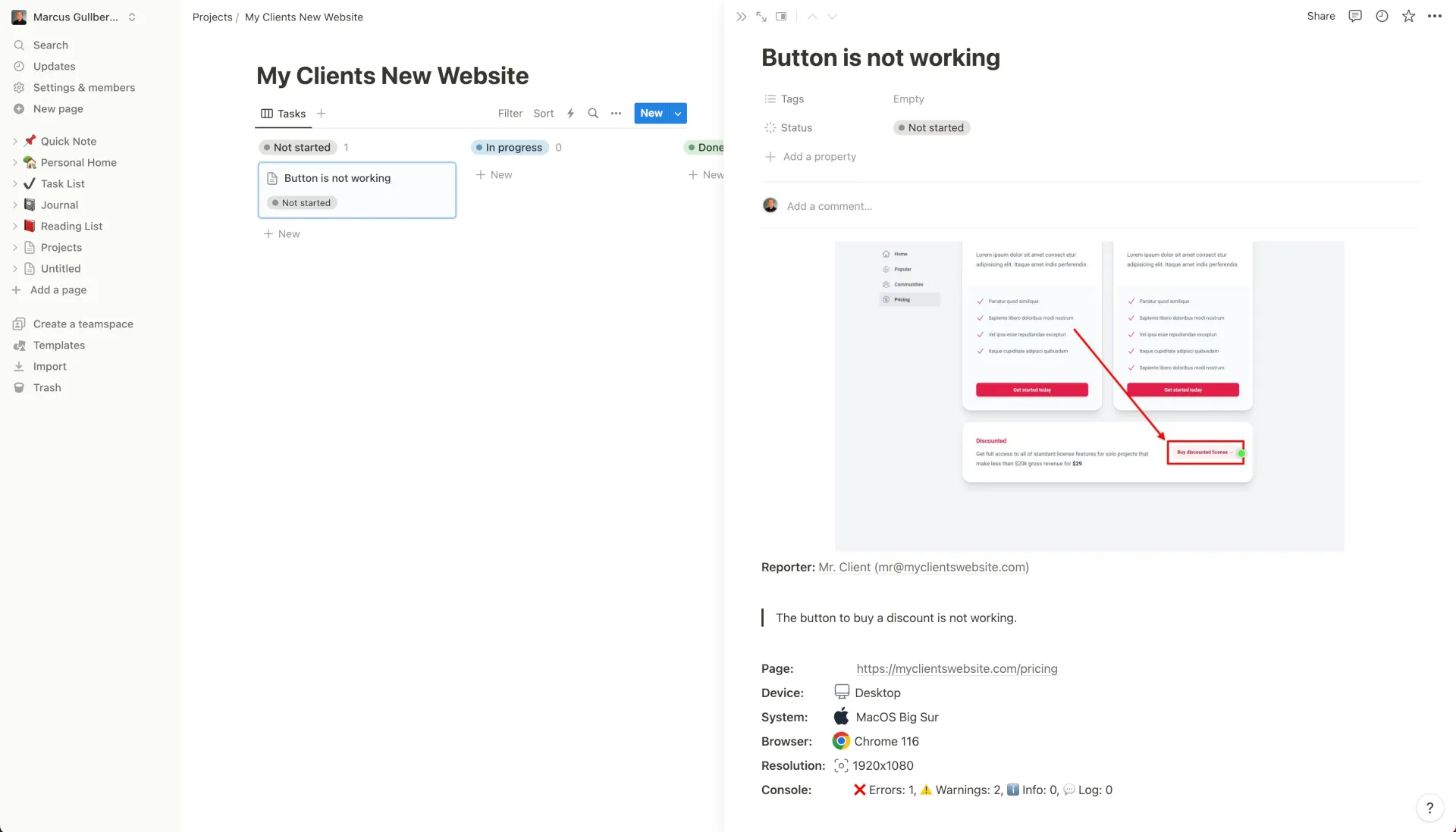 Feedbucket feedback created as a page in Notion