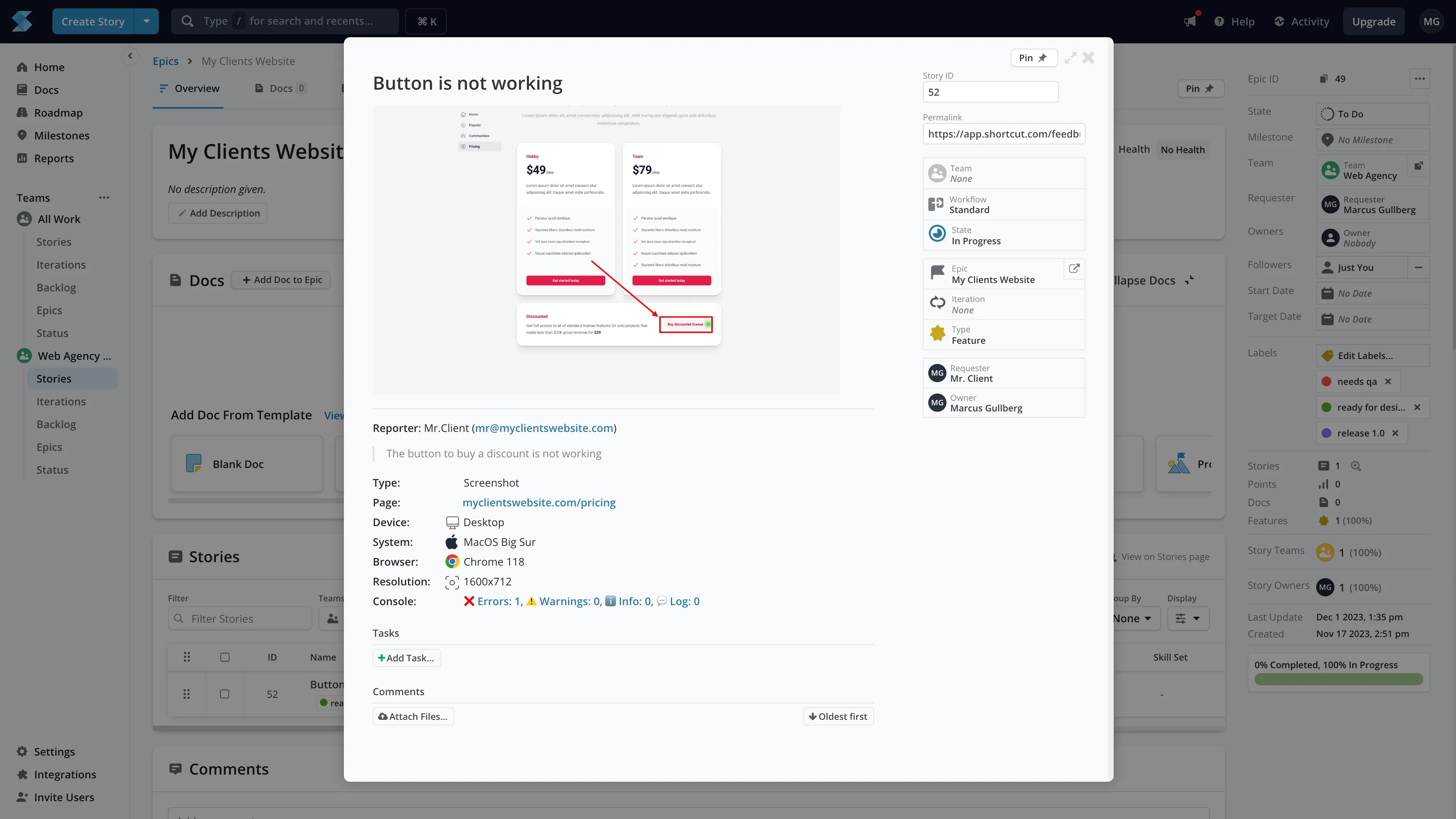 Feedbucket feedback created as a story in Shortcut