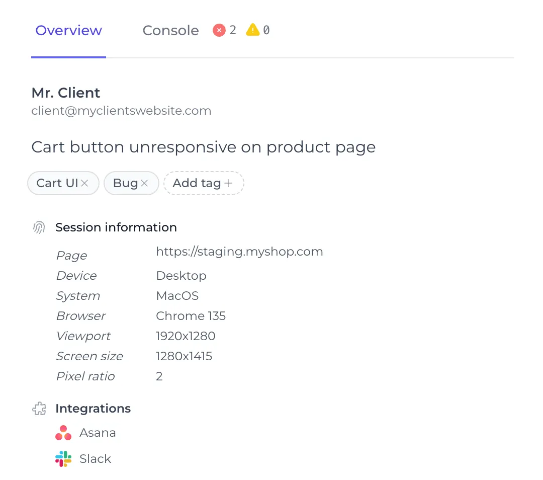 A detailed bug report from Feedbucket