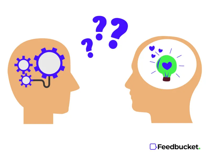Graphic illustration of two heads, one with a light bulb and with a cog, with a questions mark in between, showing how confusing it can be to communicate with a developer