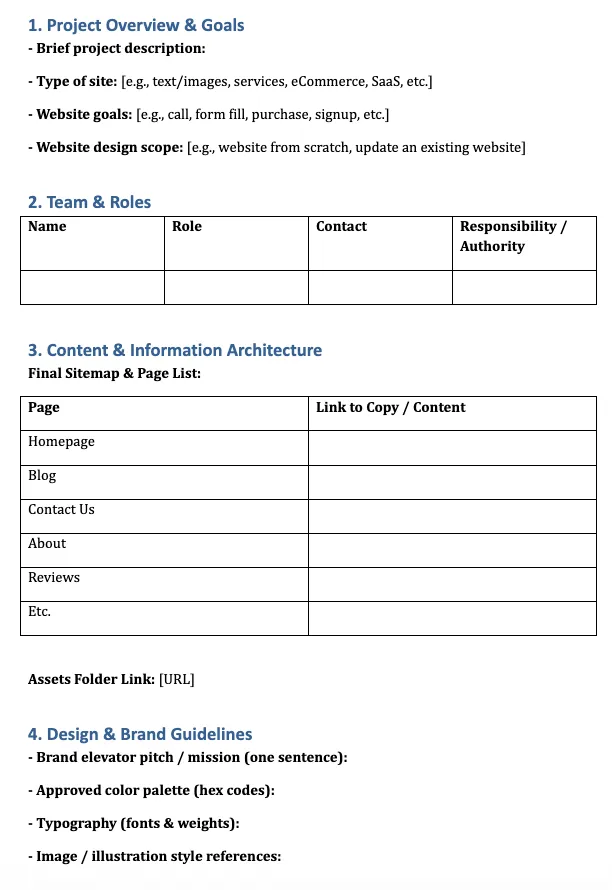 Image of website requirements document template in Google Docs